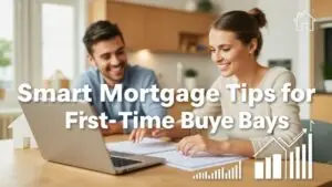 Young couple reviewing mortgage documents at home, illustrating smart mortgage tips for first-time home buyers in 2025.